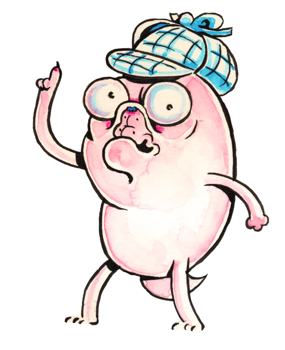 W.C. in his detective hat, holding up a finger as he announces a theory